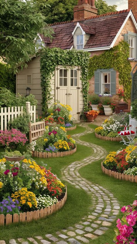 Pretty Garden Aesthetic, Backyard Garden Aesthetic, Backyard Scenery, Backyards Aesthetic, Beautiful Walkways, Aesthetic Backyard, Aesthetic Garden, Cottage Garden Design, Casa Vintage