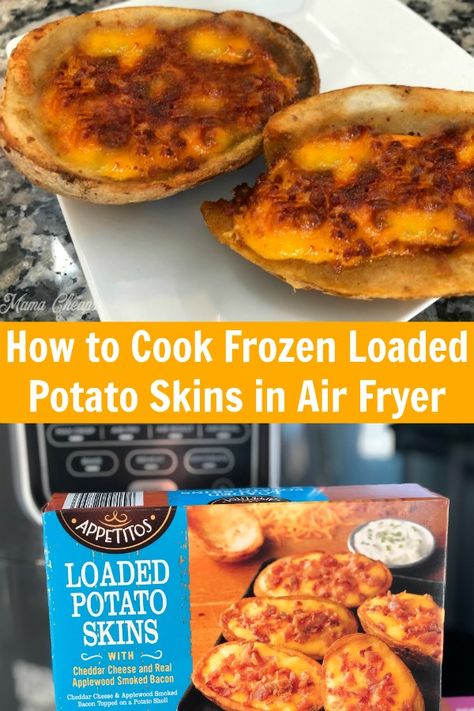 Air fryers are PERFECT for cooking your favorite frozen foods, especially appetizer type snacks. We use our air fryer to perfectly cook frozen loaded potato skins in just 5 minutes. The cheese is bubbly and browned on top. The outside has a crispy texture. Delicious, quick and easy air fryer food! #airfryer #potatoskins #appetizer #mamacheaps Frozen Potato Skins In Air Fryer, Air Fryer Frozen Potato Skins, Air Fryer Food, Frozen Pretzels, Frozen Snacks, Easy Supper Recipes, Loaded Potato Skins, Actifry Recipes, Fried Recipes