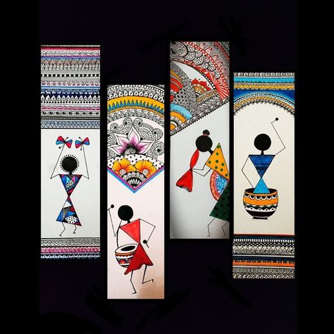 Madhubani Abstract Art, Doodle Art For Wall Painting, Warli Art Bookmarks, Worli Painting Designs, Indian Folk Art Drawing, Warali Drawings, Warli Mandala Art, Warli Art Painting, Indian Art And Craft