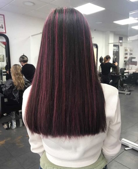 Dark Pink Streaks In Black Hair, Dark Pink Highlights In Black Hair, Pink Streaks In Black Hair, Pink Hair Streaks Brunette, Hot Pink Highlights In Brown Hair, Draculaura Inspired Hair, Pink Skunk Hair, Pink Highlights In Black Hair, Black Hair Pink Highlights