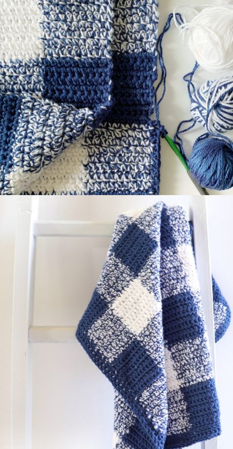 Crocheted Afghans, Plaid Crochet, Crocheted Blankets, Crochet Unique, Confection Au Crochet, Crochet Blanket Pattern, Navy Gingham, Knitted Blanket, Adorable Crochet