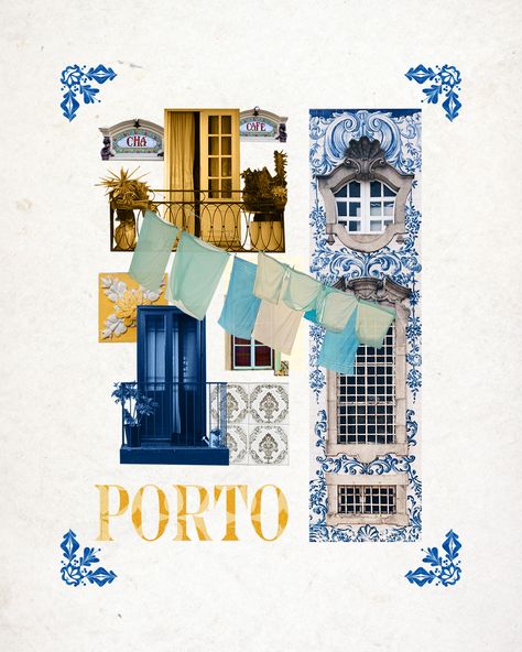 #porto #portugal #collage #digitalcollage #design #graphicdesign #poster #instagram #travelcollage Portugal Graphic Design, Portugal Color Palette, Travel Poster Design Graphics, Porto Portugal Aesthetic, Travel Design Poster, Portugal Drawing, Portugal Painting, Portugal Design, Grpahic Design