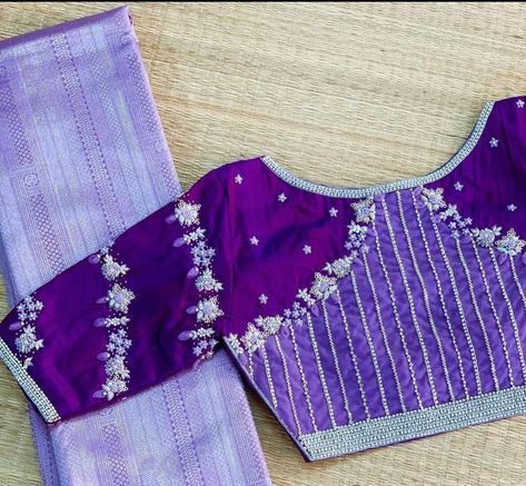 Saree Blouse Combination, Purple Blouses, Saree With Contrast Blouse, Violet Colour, Expressing Yourself, Wedding Saree Blouse Designs, Maggam Works, Cutwork Blouse Designs, Sari Blouse Designs