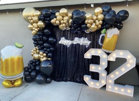 37th Birthday Ideas For Men Party Themes, Men’s 25th Birthday Party Ideas, Beer Theme Balloon Garland, Cheers And Beers Balloons Garland, Cake Table Decorations Birthday Men, Pacifico Beer Birthday Party, Men Balloon Garland, 21st Birthday Backdrop Ideas For Guys, Men 35th Birthday Party Ideas