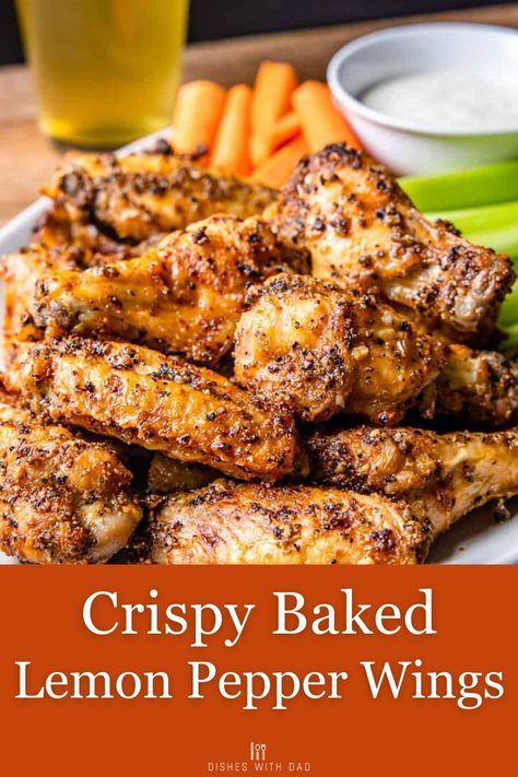 These oven baked lemon pepper chicken wings are coated with a lemon pepper dry rub and then baked until they're super crispy. Finally, they're finished with a flavorful lemon butter sauce. They're the perfect game day appetizer or a tasty meal on their own! Lemon Pepper Rub For Wings, Chicken Wings In Skillet, Low Sodium Chicken Wings, Oven Chicken Wings Recipes, Easy Chicken Wings In The Oven Simple, Lemon Pepper Dry Rub Chicken Wings, Dry Rub Chicken Wings In Oven, Baked Lemon Pepper Chicken Wings Recipe, Lemon Pepper Chicken Wings Recipe Oven