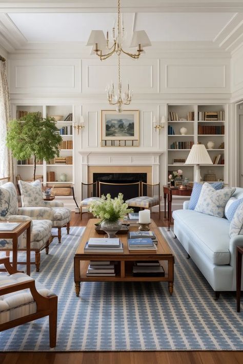 50+ Old Money Living Room Decor Ideas Blue Sofa Family Room, Cozy Collected Living Room, Blue And White Cottage Living Room, Coastal Antique Living Room, Old Money Aesthetic Interior Design, Cozy Front Room Ideas, Old Money Aesthetic Home Decor, Grandmellinial Living Room, English Style Home Interior Design