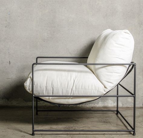 Modern Occasional Chairs, Welded Furniture, Metal Sofa, Accent Chairs & Armchairs, Iron Chair, Metal Furniture Design, Sling Chair, White Cushions, Steel Furniture