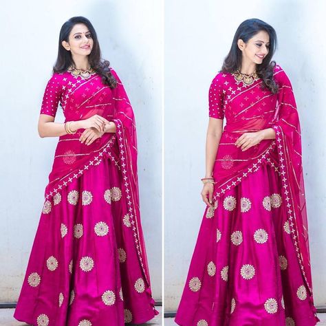 https://keepmestylish.com/2017/07/10-different-ways-wear-lehenga/ Types Of Lehenga, Pink Half Sarees, भारतीय दुल्हन संबंधी, डिजाइनर कपड़े, Half Saree Lehenga, Half Sarees, Rakul Preet Singh, Lehnga Dress, Rakul Preet