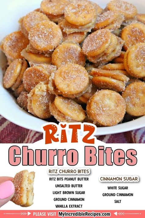 Things To Do With Ritz Crackers, Easy Appetizers Sweet, Ritz Cracker Churros, Ritz Churro Bites, Best Munchies Snacks, Quick Snacks For Parties, Sweet Snacks For Party, Fall Hors D’oeuvres, Easy Munchies Snacks