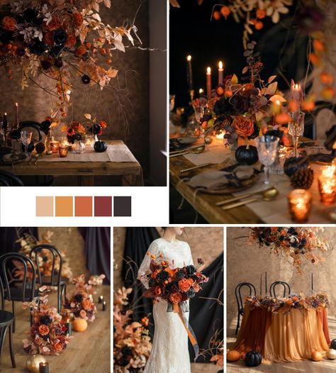 Halloween Wedding – Ling's Moment Dark Fall Wedding Color Palette, Black And Amber Wedding, Moody Halloween Wedding, Hallowedding Ideas, Dark Fall Wedding Centerpieces, Fall Wedding With Black Accents, Small Halloween Wedding, Witchy Fall Wedding, Autumnal Gothic Wedding