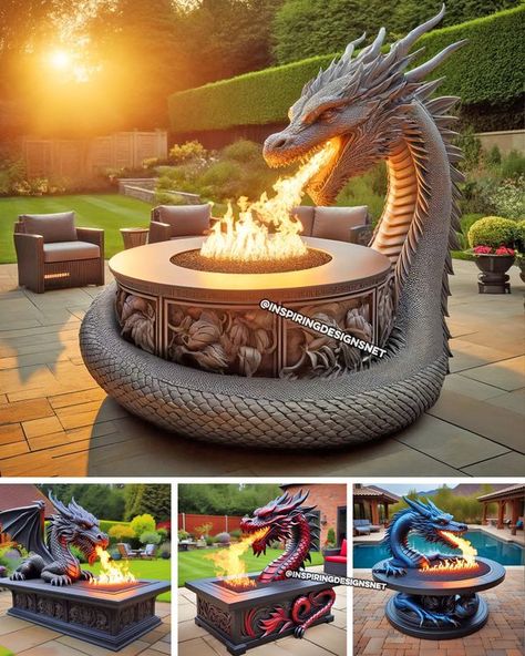 Dragon Fire Pit, Dakota Fire, Yard Accessories, Dragons Lair, Castle House Design, Mother Earth Art, Fire Tables, Dragon Garden, Reptile House