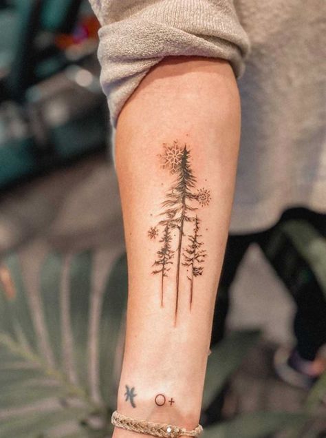 All Seasons Tattoo, Snowy Tree Tattoo, Winter Tattoo Ideas Nature, Winter Tattoo Ideas Snow, Snowy Tattoos, Christmas Tree Tattoo Ideas, Three Tree Tattoo, Three Trees Tattoo, Winter Tree Tattoo