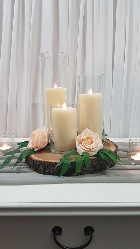 Fake Candles Diy, Flameless Candle Centerpiece, Boho Centerpiece, Artificial Candles, Candle Table Centerpieces, Vase Centerpiece, Fake Candles, Candle Arrangements, Wood Centerpieces