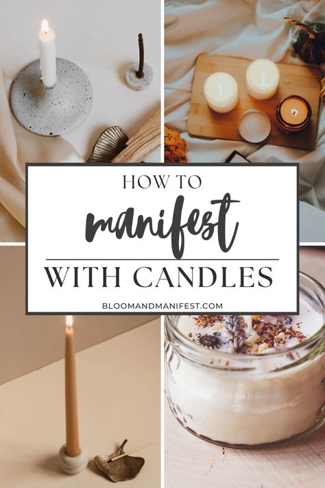 4 pictures of candles and text reads how to manifest with candles White Candle Manifestation, Intention Candles Meaning, Manifesting With Candles, Manifestation Candle Spell, Manifest Candles, Protection Candles, Candle Rituals, Magical Candles, Magic Workshop