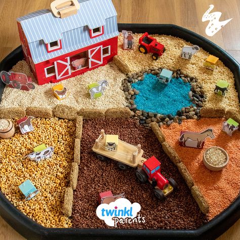 This is a popular play tray idea that also encourages lots of fun learning at the same time.  Create your very own farm using a different type of cereal for each field. Use our farm small world characters alongside any additional toys such as barns or tractors.   When positioning the small world characters, make sure you distance the mummy animals from their babies. Then encourage your children to help pair them up again. Tractor Tuff Tray Ideas, Farm Imaginative Play, Farm Tough Tray Ideas, Tractor Tuff Tray, Farm Messy Play Ideas, Farm Animal Tuff Tray, Farm Animals Tuff Tray, Farm Tough Tray, Farm Animals Tuff Tray Ideas