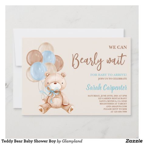 Teddy Bear Baby Shower Boy Invitation Teddy Bear Baby Shower Invitations, Boy Shower Invitations, We Can Bearly Wait, Bearly Wait, Bear Theme, Teddy Bear Baby Shower, Baby Bear Baby Shower, Baby Shower Invitations For Boys, Baby On The Way