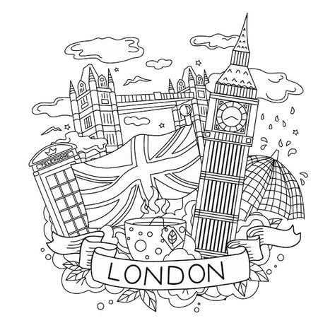 The outline of london travel and tourism... | Premium Vector #Freepik #vector #england #london #british #clock-tower Coronation Scrapbook Ideas, London Coloring Pages, English Drawings Ideas, English Party, Queens Coronation, English Culture, Coronation Party, Paddington London, Linear Illustration