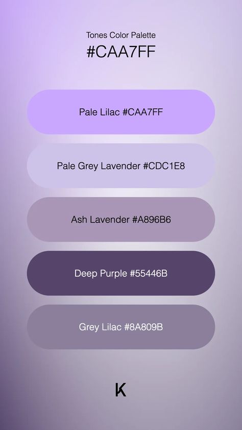 Tones Color Palette Pale Lilac #CAA7FF · Pale Grey Lavender #CDC1E8 · Ash Lavender #A896B6 · Deep Purple #55446B · Grey Lilac #8A809B Grey Lilac, Grey Lavender, Hex Color Palette, Pale Lilac, Soft Purple, Hex Colors, Cosplay Outfits, Deep Purple, Unique Colors