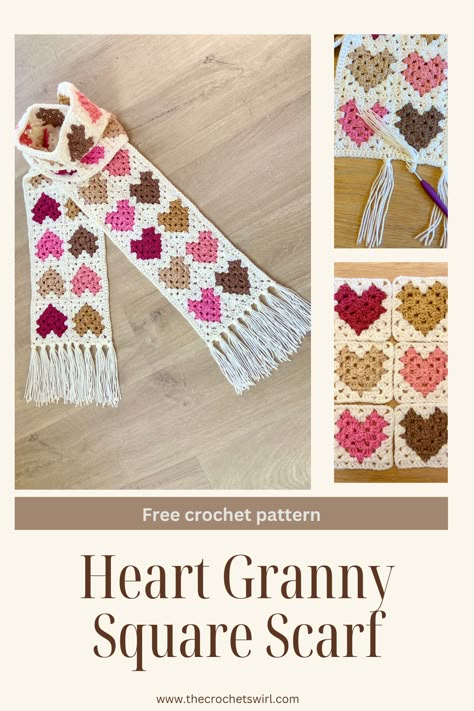 Looking to make a scarf for gifting? Look no further than this stunning Heart Granny Square Scarf - a free crochet pattern. Granny Square Hats, Square Hats, Crochet Swirl, Heart Granny Square, Free Crochet Scarf, Make A Scarf, Macrame Wood, Loom Knitting Tutorial, Granny Square Scarf