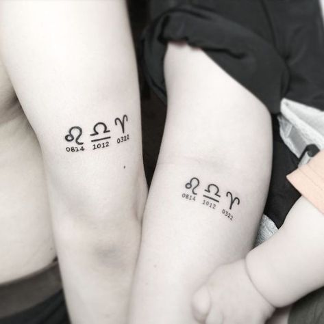 Fun Sibling Tattoos For 3, Throuple Tattoo Ideas, Family Zodiac Tattoos, Sibling Tattoos For 2 Sisters, Three Sibling Tattoos, Tattoo Siblings, Siblings Tattoos, Siblings Tattoo For 3, Siblings Tattoo