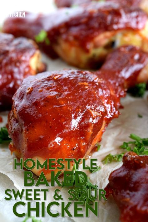 Homestyle Baked Sweet and Sour Chicken is not only easy and inexpensive, it's also super moist, tender, and delicious. Drumsticks and thighs are drenched in a thick and glossy homemade sauce; this crowd-pleasing main will have them begging for you to make it over and over again! #sweet #sour #chicken #bakedchicken #familydinner #easymeals #sweetandsour Yummy Easy Dinner Recipes, Dinner Recipes Baked, Drumstick Recipes Baked, Chicken Legs In Oven, Baked Sweet And Sour Chicken, Chicken Delight, Easy Delicious Dinners, Chicken Leg Recipes, Sweet And Sour Chicken