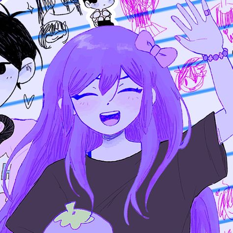 ART CREDIT : " @aubergieine " on twitter ! ☀️🌵 | #omoriartwork Headspace Aubrey Pfp, Sunburn Omori Matching Icons, Purple Matching Pfp, Sunburn Omori, Omori Aubrey, Purple Pfp, Skin Roblox, Animated Banners, Cute Emo