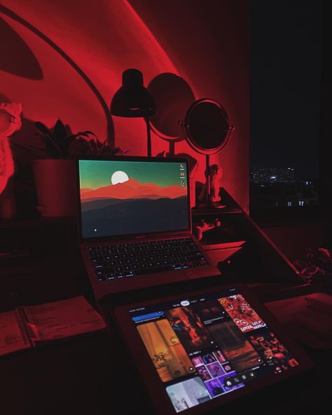 red room set up #redaesthetics #red #desk #darkvibes Red Desk Aesthetic, Study Red Aesthetic, Red Studying Aesthetic, Red Office Aesthetic, Red Desk Setup, Red Aesthetic School, Red Study Aesthetic, Red School Aesthetic, Red Aesthetic Room