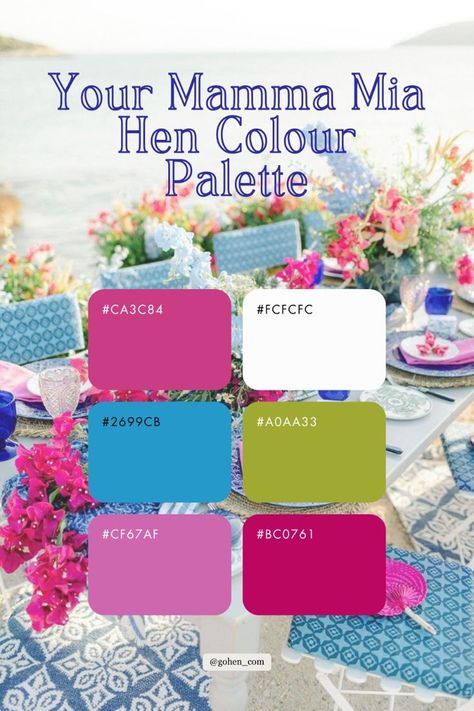 Mama Mia Color Palette, Momma Mia Party Ideas, Mamma Mia Bachelorette Party Games, Mamma Mia Color Palette, Party Colour Palette, Mamma Mia Hen Party, Mamma Mia Decorations, Mamma Mia Party Ideas, Mama Mia Themed Party