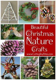 Christmas Nature Crafts For Kids- beautiful arts and crafts choices for preschoolers, kindergartners, and elementary children featuring twigs, leaves, pine cones, shells, and other natural materials. Christmas Nature Crafts, Nature Crafts For Kids, Christmas Nature, Season Decorations, Nature Christmas, Pine Cone Art, Christmas Decorations For Kids, Christmas Activities For Kids, Natural Christmas