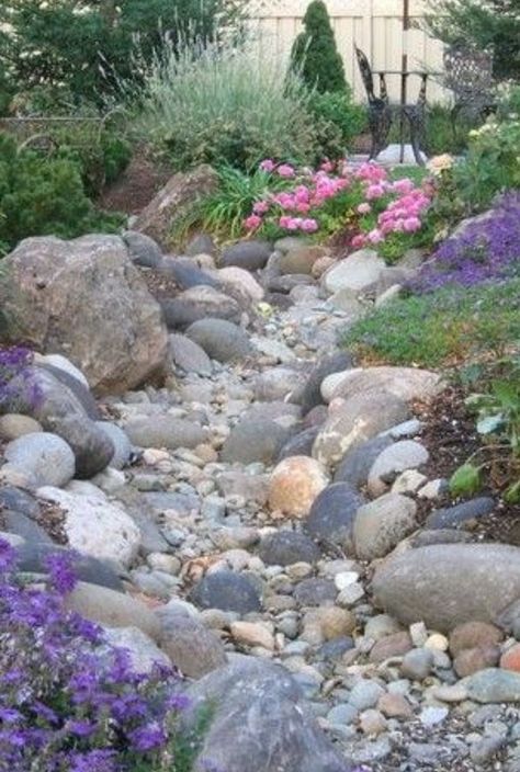 Dry Riverbed Landscaping, Tattoo Plant, River Rock Landscaping, Sloped Backyard, Rock Garden Design, Hillside Landscaping, Creek Bed, Landscaping With Large Rocks, Rock Garden Landscaping