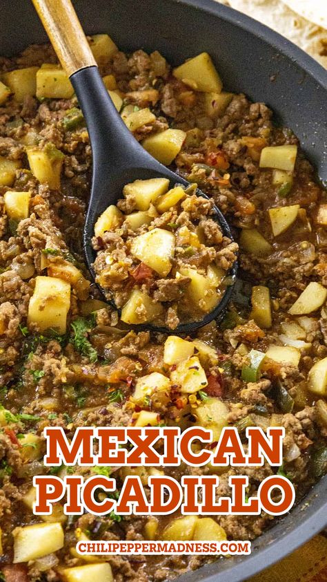 Mexican Picadillo looking extremely delicious Easy Mexican Picadillo Recipe, Mexican Picadillo Recipe, Carne Picada Recipes, Guisada Recipe, Mexican Picadillo, Picadillo Recipe, Ground Beef And Potatoes, Carne Guisada, Meatless Main Dishes