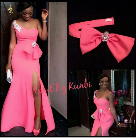 Pink Bridesmaid Dresses With Bow, Plus Size Maid, Hot Pink Bridesmaid Dresses, Dresses With Bow, African Bridesmaids, African Bridesmaid Dresses, Dinner Gowns, Lace Gown Styles, African Fashion Skirts