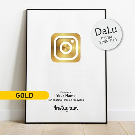 Sleek sellouts! 🤓. Order Instagram One Million followers gold button Plaque, download at home, wall art personalised gram play sign wall decor at €5.00 #InstagramCustom #SocialMediaSignage #FollowMeInstagram #SocialMediaPrint #YouTubePlayButton #GramSigns #WeddingInstagram #FollowFollowers #PersonalisedInstar #Plaque Instagram 1 Million Followers, 1 Million Followers Instagram, Million Followers Instagram, One Million Followers, 1 Million Followers, Followers Instagram, Million Followers, Sign Wall Decor, One Million