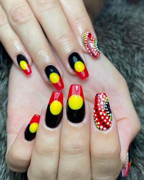 Aboriginal design and flag. Nails... - Nails Haven Baldivis Aboriginal Nails Design, Indigenous Nail Designs, Butterfly Room Decor, Aboriginal Flag, Flag Nails, Classy Acrylic, Butterfly Room, Cute Haircuts, White Acrylic Nails