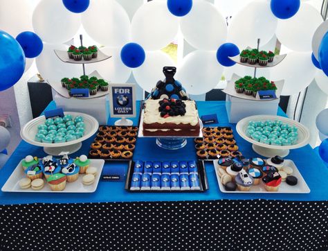 dessert table set up for a guy who loves #bmw & #golf Simple Dessert Table Ideas Birthday, Simple Treat Table, Treat Table Ideas Birthday, Simple Dessert Table Ideas, Dessert Table Ideas Birthday, Simple Dessert Table, Treat Table Ideas, Bmw Golf, Dessert Table Ideas