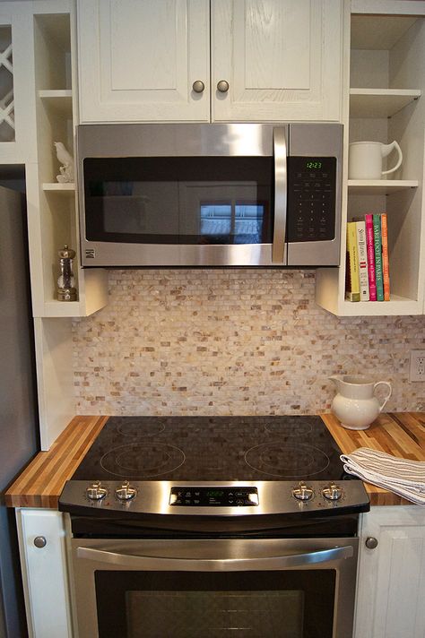 Corner Oven And Microwave, Over The Range Microwave Without Cabinet, Remove Microwave Above Stove Add Hood, Small Over The Range Microwave, Remove Microwave Above Stove, Galley Kitchen Remodel Before And After, Small House Remodel, Inexpensive Kitchen Remodel, 1970s Kitchen Remodel