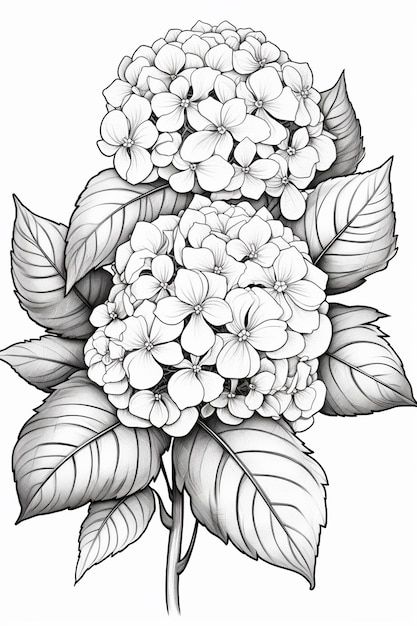 Foto un dibujo de una hortensia con hoja... | Premium Photo #Freepik #photo #hortensia #flower-design #ilustracion-floral #dibujo-flor Printable Flower Coloring Pages, Printable Flower, Flower Line Drawings, Flower Drawing Tutorials, Flower Art Drawing, Flower Sketches, Floral Drawing, Watercolor Flower Art, Flower Coloring Pages