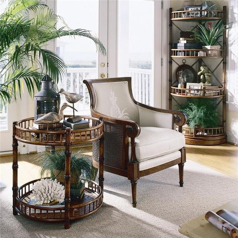 Tropical coastal living room details. Great looking side table made with bamboo! West Indies Decor, Tropical British Colonial, Colonial Style Interior, Colonial Living Room, West Indies Style, British Colonial Decor, Colonial Interior, Colonial Furniture, British Colonial Style