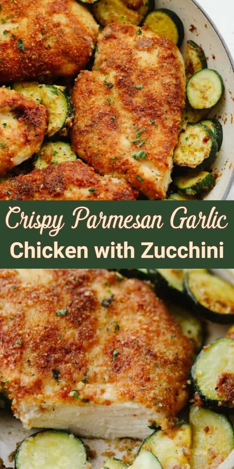 Crispy Parmesan Garlic Chicken with Zucchini, dinner recipes, main dish recipes, main course, chicken recipes Garlic Parmesan Chicken And Veggies, Chicken And Zucchini Dinner Ideas, Zucchini Chicken Parmesan, Keto Chicken And Zucchini Recipes, Chicken Breast Recipes With Zucchini, Zucchini Recipes Chicken, Parmasean Chicken Casserole Recipe, Recipes With Chicken And Zucchini, Chicken Broccoli Zucchini Recipes