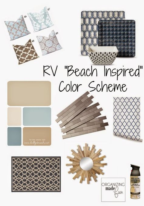 RV "Beach Inspired" Color Scheme Board :: OrganizignMadeFun.com Camper Remodel Color Schemes, Remodel Color Schemes, Camper Interior Remodel, Diy Travel Trailer, Beach Camper, Remodel Diy, Rv Makeover, Travel Trailer Remodel, Camping Camper