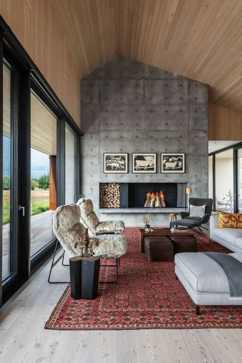 This stunning home is wrapped in weathering steel to blend with the Wyoming terrain Industrial Fireplace, Concrete Fireplace, Design Blogs, Fireplace Design, Chic Home Decor, Living Room Grey, Chic Home, A Living Room, Architect Design