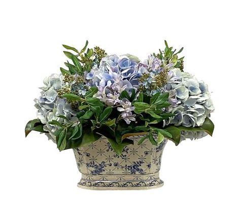 Faux Botanicals All Botanicals & Trees | Pottery Barn Flower And Vase, Hydrangea Centerpiece, Hanukkah Decorations, Faux Hydrangea, Faux Flower Arrangements, Blue And White Vase, Silk Flower Arrangements, Olive Leaf, Pottery Barn Teen