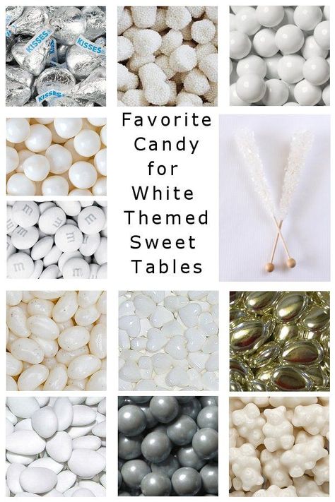 Most favorite candy for a white themed candy buffet, candy table or sweet table. White Candy Table, White Candy Bar, White Candy Buffet, Wedding Candy Table, White Party Theme, Baby Shower Sweets, Candy Buffet Wedding, Candy Buffet Tables, Candy Bar Wedding