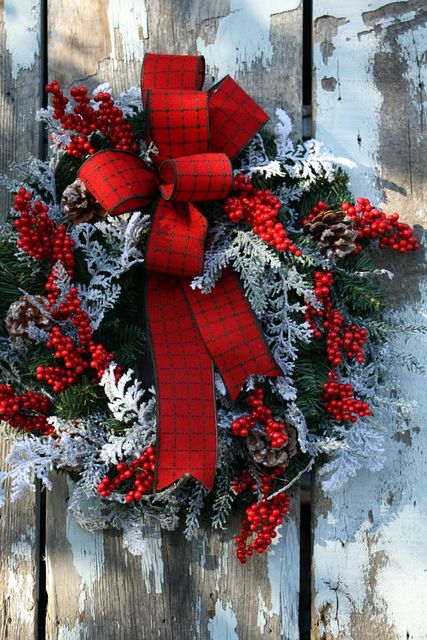 Wow-- the bright red is so striking against the winter white, and the hint of green makes the whole thing look so warm.  Beautiful color scheme! Country Courtyard, Door Swags, Wreath Inspiration, Dusty Miller, Primitive Christmas, Noel Christmas, Holiday Cooking, Merry Little Christmas, Christmas Love