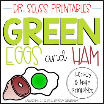 Green Eggs and Ham Literacy and Math Activity... by Classroom Shenanigans | Teachers Pay Teachers Free Green Eggs And Ham Printable, Green Eggs And Ham Bulletin Board Ideas, Green Eggs And Ham Math, Green Eggs And Ham Printable, Green Eggs And Ham Activities Preschool, Green Eggs And Ham Activities, Procedural Text, Rhyming Words Worksheets, Dr Seuss Preschool