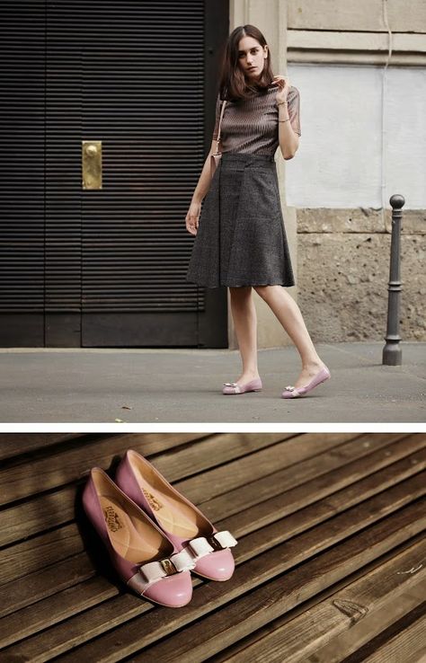 Salvatore Ferragamo Ballet Flats Outfit, Skirts Outfits, Parisian Life, Flats Outfit, Poker Face, Work Style, Ferragamo Shoes, Ferragamo Flats, Sleeve Dresses