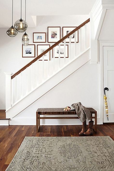 Entryway bench and stairwell from Room and Board Stairway Gallery, Stairway Gallery Wall, درج السلم, White Staircase, Stairway Decorating, Staircase Wall, Farmhouse Side Table, Modern Entryway, Stair Case