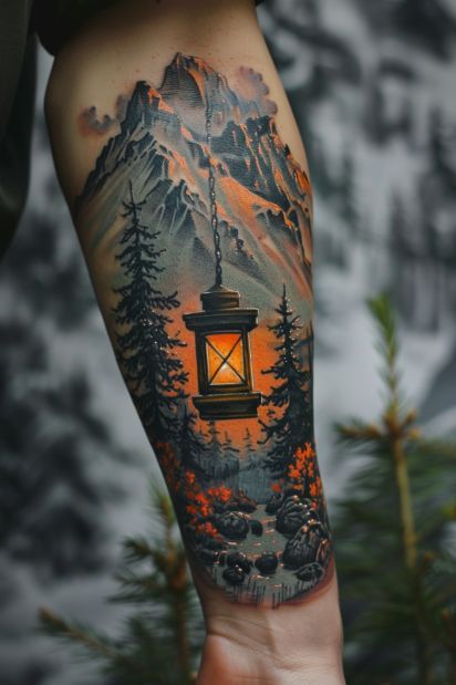 23+ Mountain Tattoo Design Ideas Mens Adventure Tattoo, Picture Within A Picture Tattoo, Mountain Tattoo Sleeve For Men, Shoulder Mountain Tattoo, Pnw Tattoo Ideas, Snowfall Tattoo, Hiking Tattoo For Men, Mountain And Lake Tattoo, Swamp Tattoo Ideas