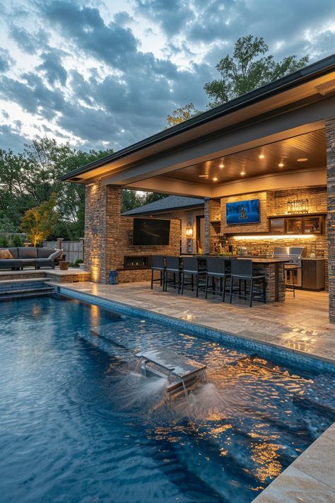 29 Outdoor Kitchen Ideas for a Stunning Backyard - My Elegant Home Poolside Kitchen And Bar, Luxury Outdoor Kitchen, Elegant Outdoor Furniture, Lush Landscaping, Outdoor Kitchen Decor, Modern Outdoor Kitchen, Outdoor Kitchen Ideas, Backyard Bar, Backyard Kitchen