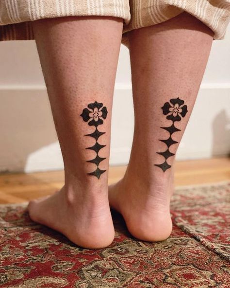 Tattoos On Back Of Leg, Symmetrical Calf Tattoo, Back Of Shin Tattoo, Small Leg Tattoo Placement, Delicate Leg Tattoo, Symmetrical Ankle Tattoos, Symmetrical Shin Tattoo, Tattoo Women Placement, Cat Tattoo Placement